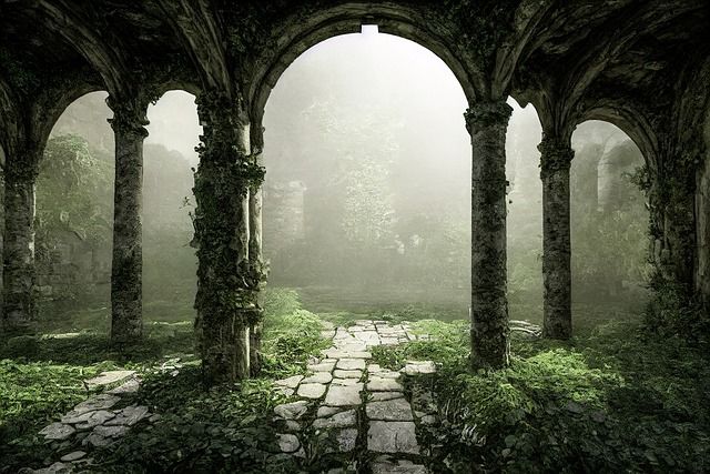 an arch in the middle of a forest with moss growing on it and stone flooring