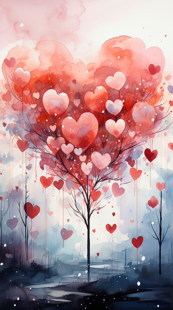 an artistic painting with many hearts floating in the air and trees on either side of it