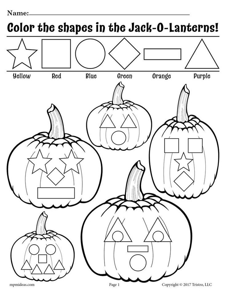 halloween worksheet for kids with pumpkins and shapes to color in the background