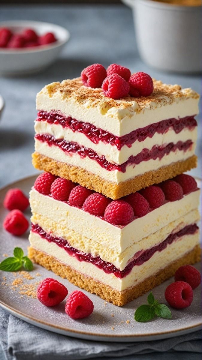 three layered cake with raspberries on top