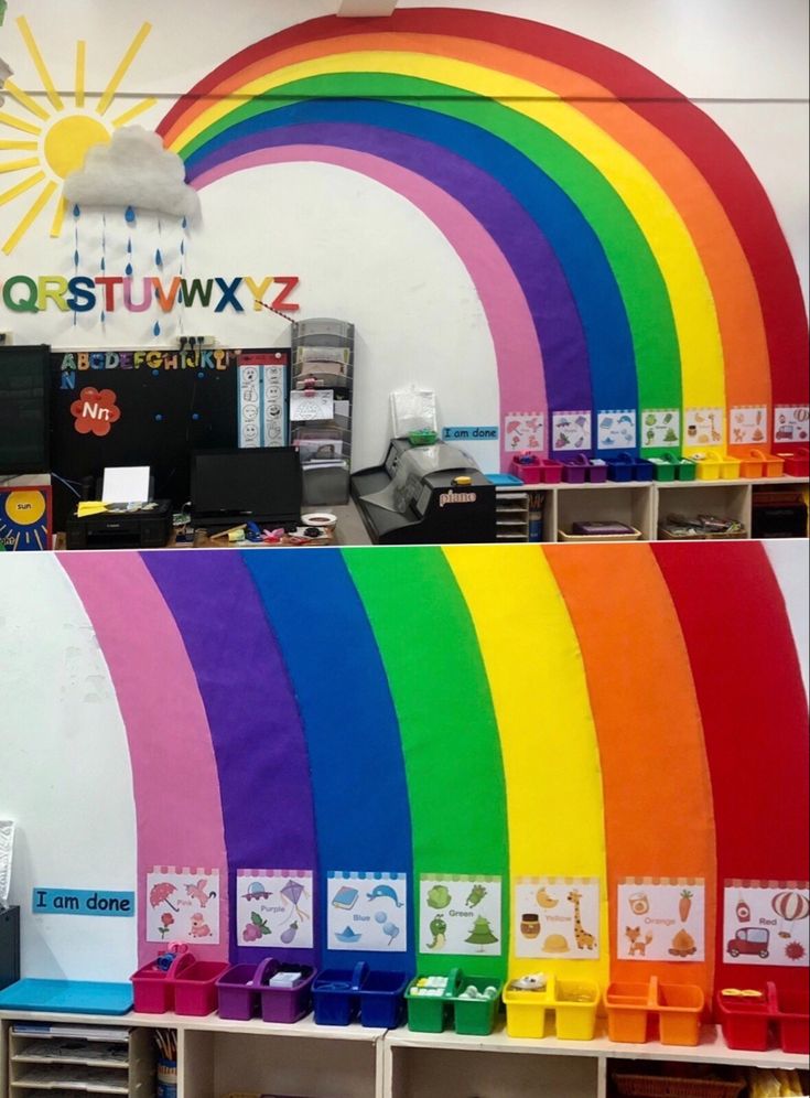 a rainbow painted on the side of a wall in a room with shelves and bins