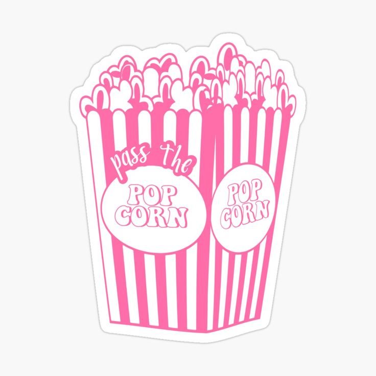 pink and white striped popcorn sticker with the words pop corn written on it's side