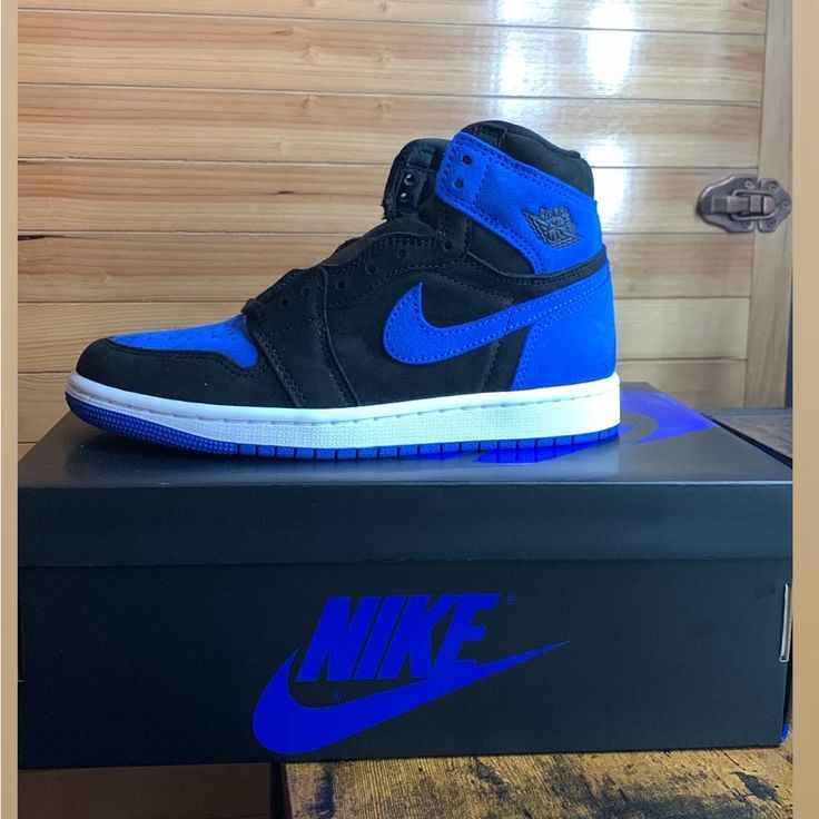 Nike Jordan 1’s Retro High Black/ Royal Blue/ White Material Is Suede Size 4y Brand New Never Been Worn Nikes For Men, Royal Blue Jordans, Blue And Black Jordans, Jordan 1 Royal Blue, Boty Converse, Nike Azul, Shoes Nike Jordan, Blue Nikes, Nike Shoes High Tops