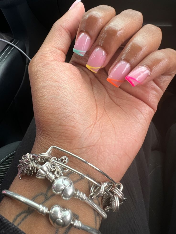 Short French Tip Acrylic Nails Different Colors, Color Short French Tip Nails, Short French Tip Acrylic Nails Colorful, Summer French Tip Nails Square Short, Colorful Summer French Tip Nails, Short Simple Nail Sets, Easter Nails Black Women, Colorful Short Acrylic Nails, French Tips Summer Nails