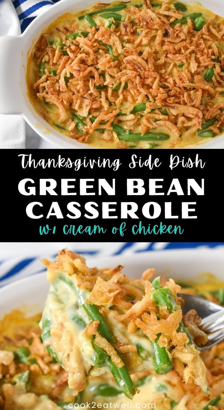 green bean casserole with cream of chicken in a white bowl on a blue and white striped napkin