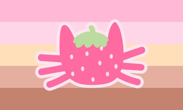 a pink strawberry sticker sitting on top of a brown and white striped wallpaper