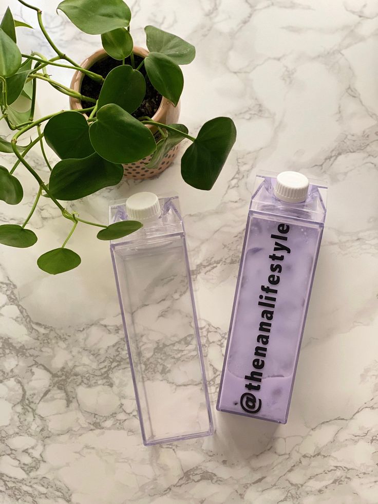 an empty water bottle next to a plant on a marble surface