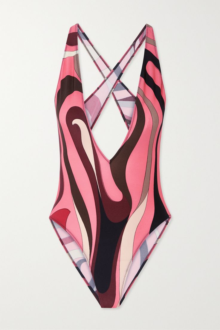 PUCCI' swimsuit is perfect for relaxing in as the sun beams down on crystal waters. Featuring one of the brand's signature prints, this plunging open-back style is adorned with swirls in fruity hues. Wear yours with oversized sunglasses when you lie by the pool or beach. The 60s Fashion, 60s Fashion Trends, Sun Beams, Pucci Print, Halter Neck Swimsuit, Plunge Swimsuit, Pink One Piece, Costume Designer, Cute Bathing Suits