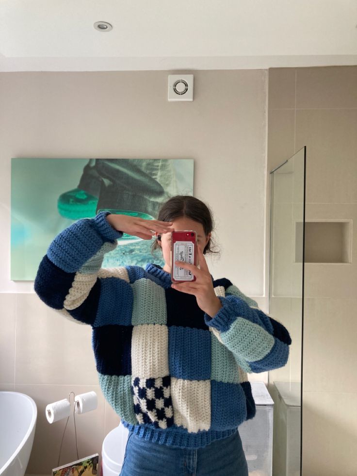 Crochet, Patchwork, Blue, White, Jumper, Sweater, Oversize, Wool, Comfy, Yarn Crochet Sweater With Squares, Matching Crochet Sweaters, Cute Crochet Jumper, Crochet Sweater Square, Crochet Patchwork Sweater Pattern, Crochet Square Jumper, Patchwork Crochet Top, Crochet Patchwork Sweater Pattern Free, Crochet Sweater Squares