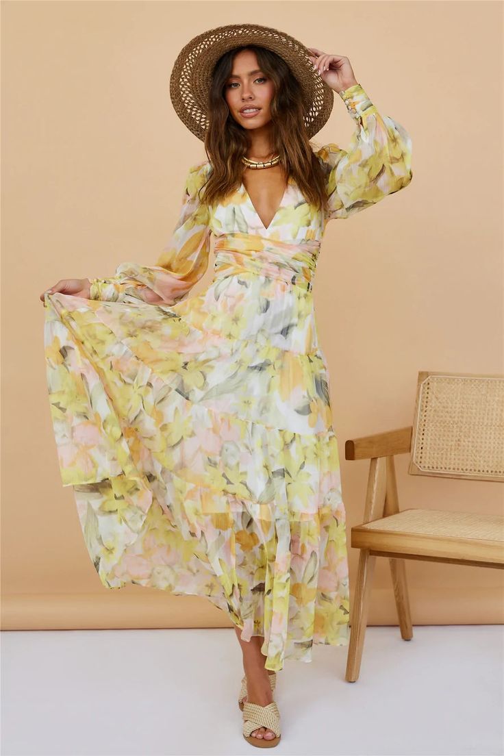 Details: Floral print V neckline Long sleeves Midi dress FIT:Regular fit Non-Stretch through fabricStandard sizingCotton&Polyester Size Available: Size Length Bust inch cm inch cm S 39 100 33 84 M 39.7 101 34.6 88 L 40 102 36.2 92 XL 40.5 103 37.8 96 Fitted Floral Print V-neck Dress For Spring, Fitted Multicolor V-neck Dress For Spring, Fitted V-neck Printed Midi Dress, Flowy V-neck Floral Printed Dress, Fitted Floral Dress With Surplice Neckline For Brunch, Fitted V-neck Floral Dress For Brunch, Floral Print Long Sleeve V-neck Dress, Spring Floral Print Maxi Length V-neck Dress, Long Sleeve Printed Yellow Midi Dress