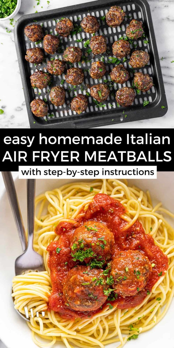 an image of meatballs and spaghetti on a plate with the words easy homemade italian air fryer meatballs