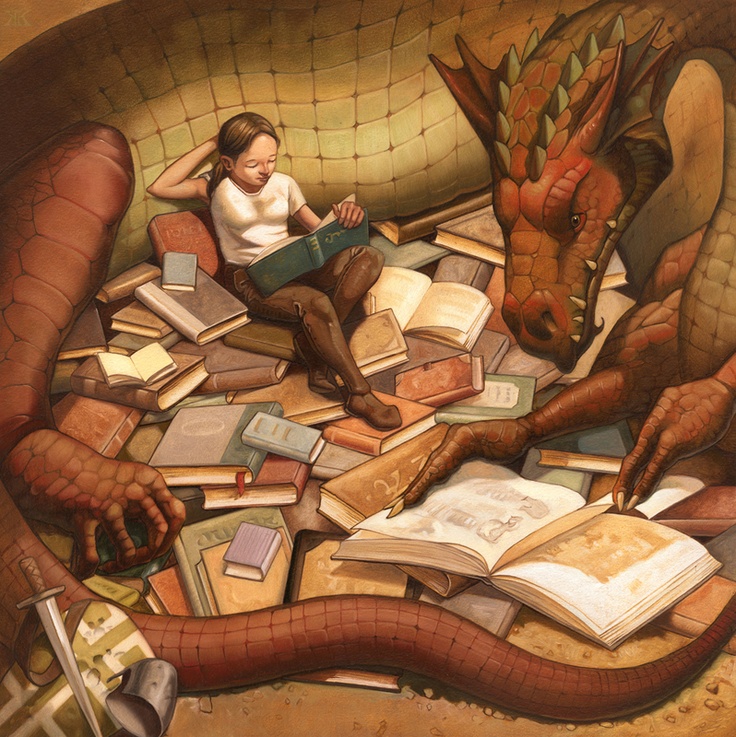 Stories, a girl, and a red dragon--this one really reminds me of Toren the Teller and her dragon protector. Reading Art, Book Dragon, A Dragon, Magical Creatures, Dragon Art, I Love Books, Love Book, Book Nerd, Mythical Creatures