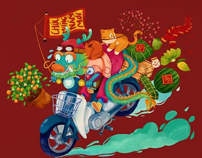 a painting of a dragon riding a motorcycle with other animals on the bike and flowers