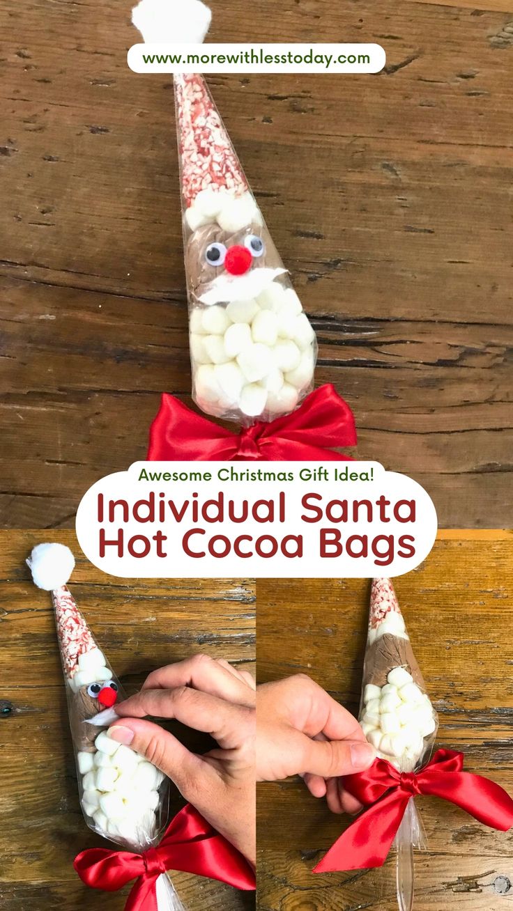 A closeup of DIY Individual Santa Hot Cocoa Bags as Christmas gifts Santa Hot Chocolate Cones, Santa Treat Bags, Christmas Sale Ideas Easy Diy, Hot Chocolate Santa Cones, Gift Stocking Ideas, Reindeer Hot Chocolate Cones Easy Diy, Hot Chocolate Bag, Hot Coco Gifts Diy Kids, Cone Bags Ideas