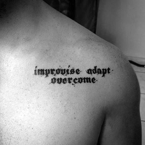 a man with a tattoo on his shoulder that says, imppoise adapt overcome