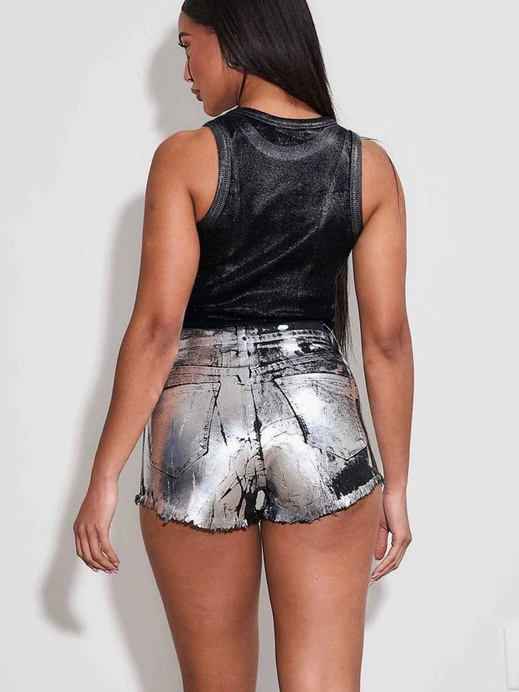 🔥 Hot and delicious! Stylish trending shorts perfect for the summer. Featuring a silver metallic finish on black shorts. A summer must have for those who want to stand out from the crowd. Metallic Shorts, Trending Shorts, Sweater Blazer, Stand Out From The Crowd, Romper Dress, Black Shorts, Clutch Handbag, Resort Wear, Short Outfits