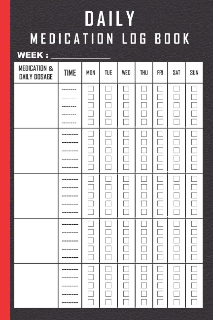 the daily medication log book is shown in black and white, with red border around it