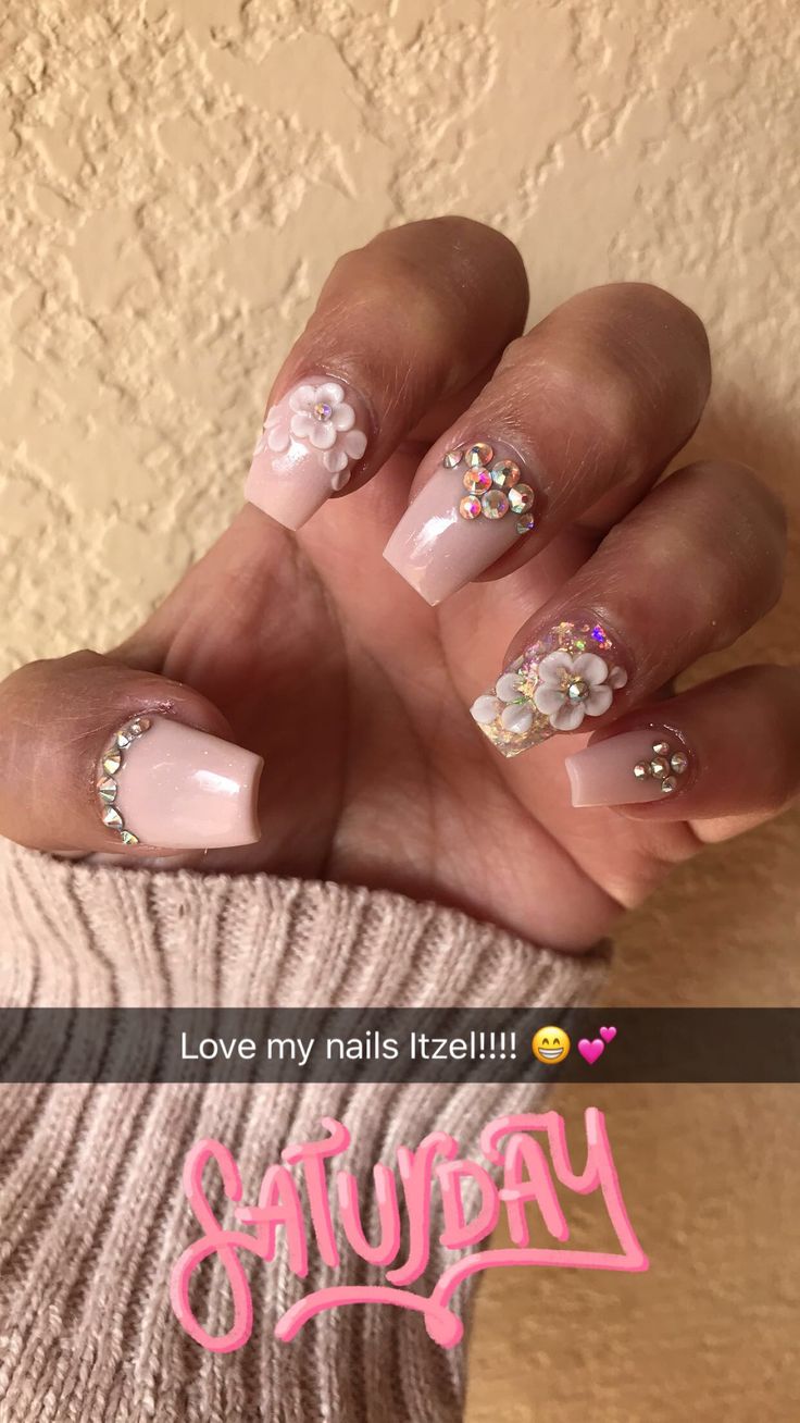 Light pink acrylic nails with flowers Acrylic Nails With Flowers, Light Pink Acrylic Nails, Nails With Flowers, 3d Flower Nails, Light Pink Nails, Pink Acrylic, Pink Acrylic Nails, Flower Nails, Pink Nails