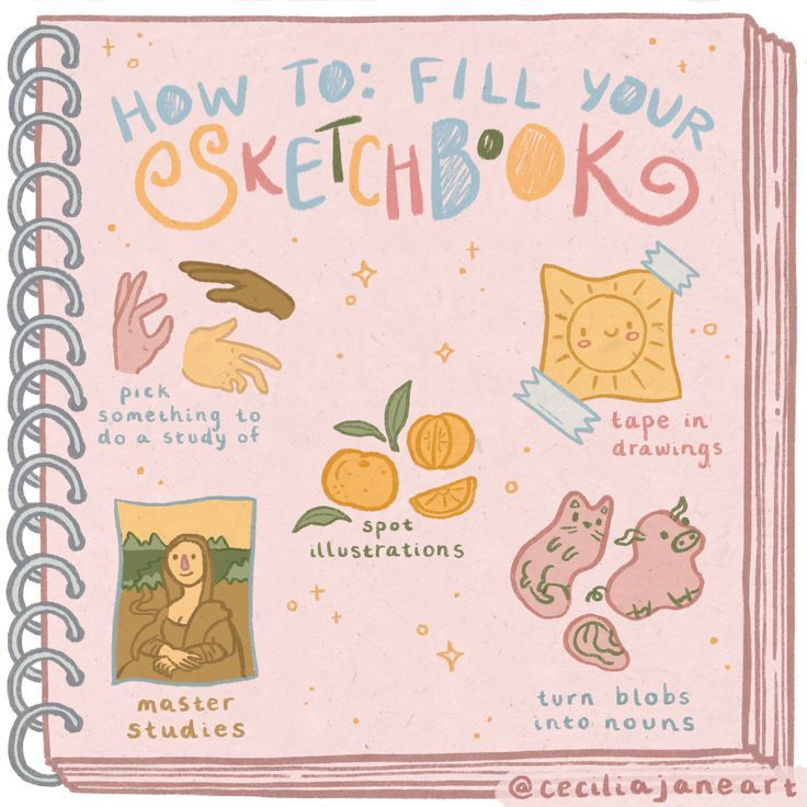 an illustrated book with pictures and words about how to fill your sketchbook on it