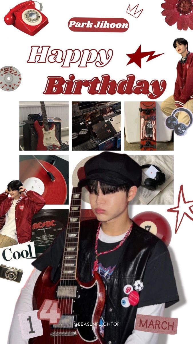 a man holding a red guitar in front of a birthday card with photos on it