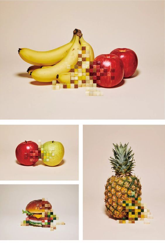 four pictures of different fruits and vegetables made to look like legos on white background