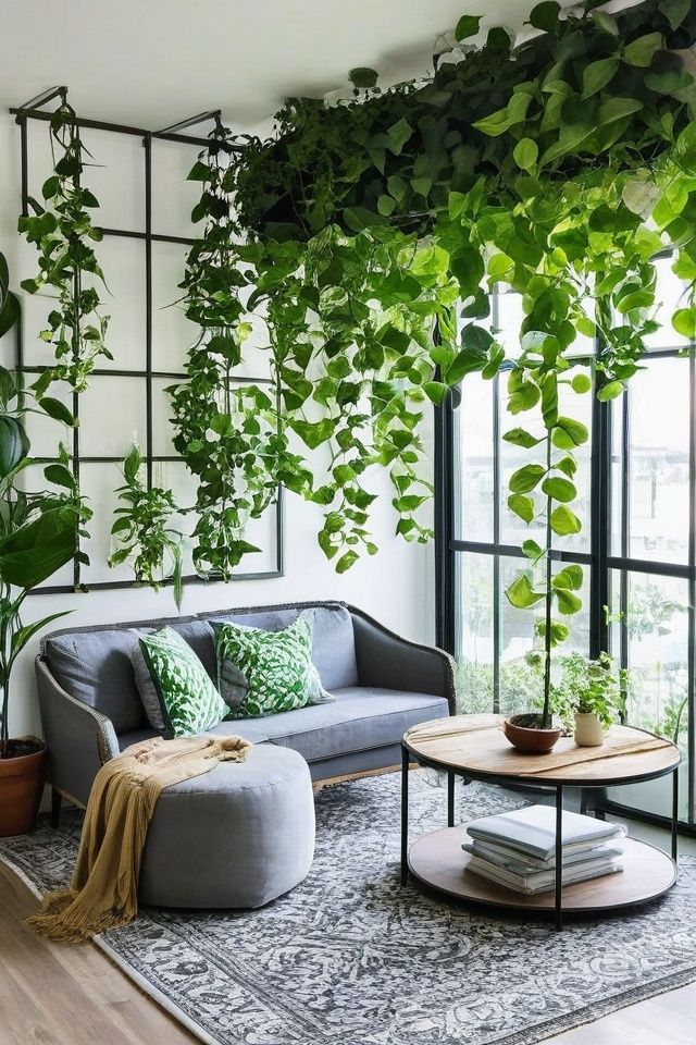 a living room filled with lots of green plants