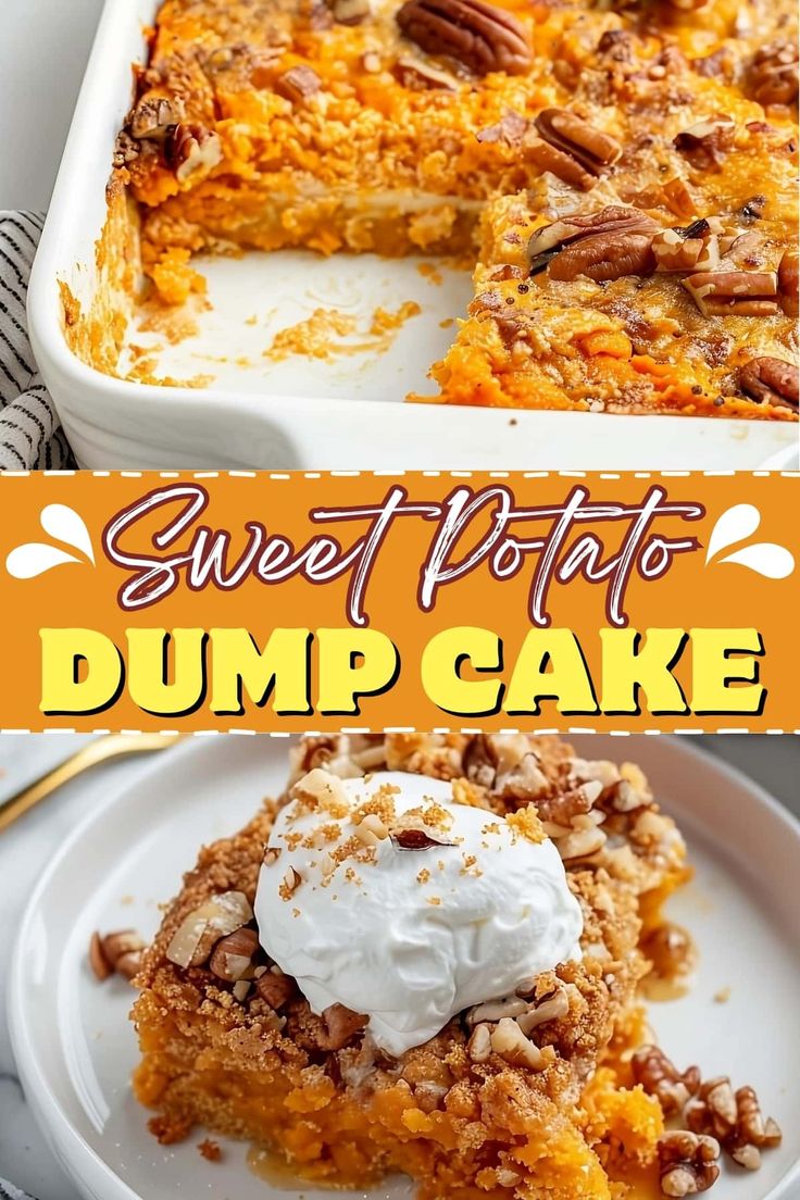 sweet potato dump cake with whipped cream and pecans in the middle on a white plate