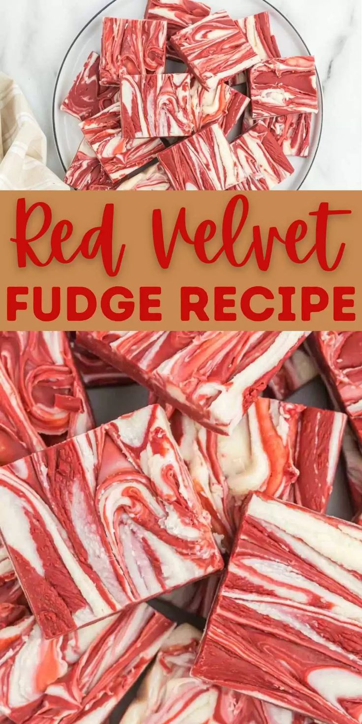 red velvet fudge recipe on a plate with the title in the middle and an image of