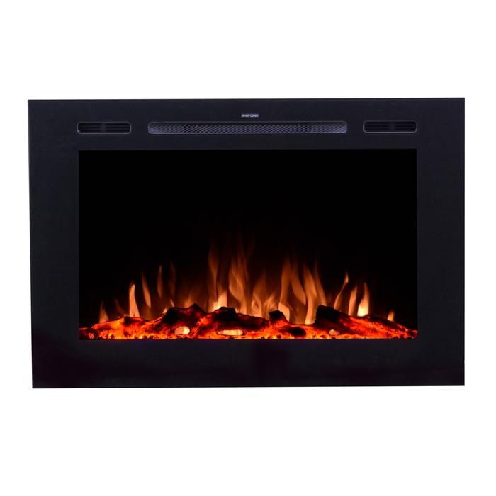 an electric fireplace with red flames and black frame