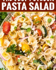 this pasta salad is loaded with fresh vegetables and feta cheese it's ready to be eaten