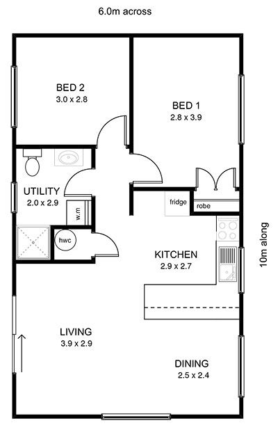 the floor plan for a two bedroom apartment with an attached kitchen and living room area