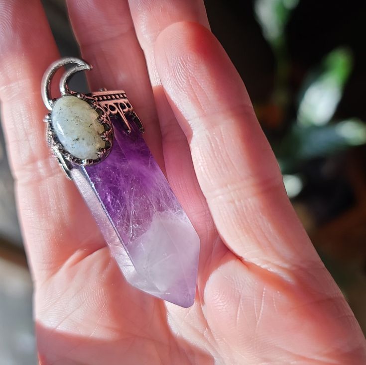 This Is Beautiful And Just Off My Jewelers Block. Solid .925 Sterling Silver Moon Holds Tight To A Beautiful Labradorite Cab That Holds A Huge Amethyst Crystal Pillar. These Are Gorgeous Specimens Of Protection Pendants. The Amethyst Pillars Are Large. Over 3" Long! Please Ask Questions And Make An Offer I Can't Say Yes If You Don't Ask! Celestial Amethyst Moon Phase Jewelry, Celestial Moon Phase Amethyst Jewelry, Handmade Moon Shaped Amethyst Jewelry, Silver Amethyst Moon Phase Jewelry, Celestial Amethyst Moon Charm Jewelry, Celestial Amethyst Jewelry With Moon Charm, Silver Amethyst Jewelry With Moon Phase, Celestial Amethyst Jewelry For Healing, Mystical Crescent Amethyst Jewelry