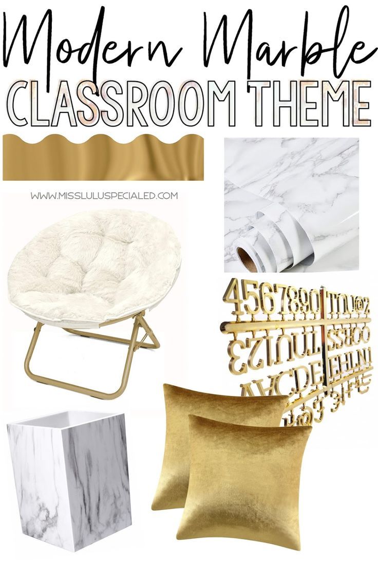 modern marble classroom theme with gold accents and white furniture, including a chair, pillow, table