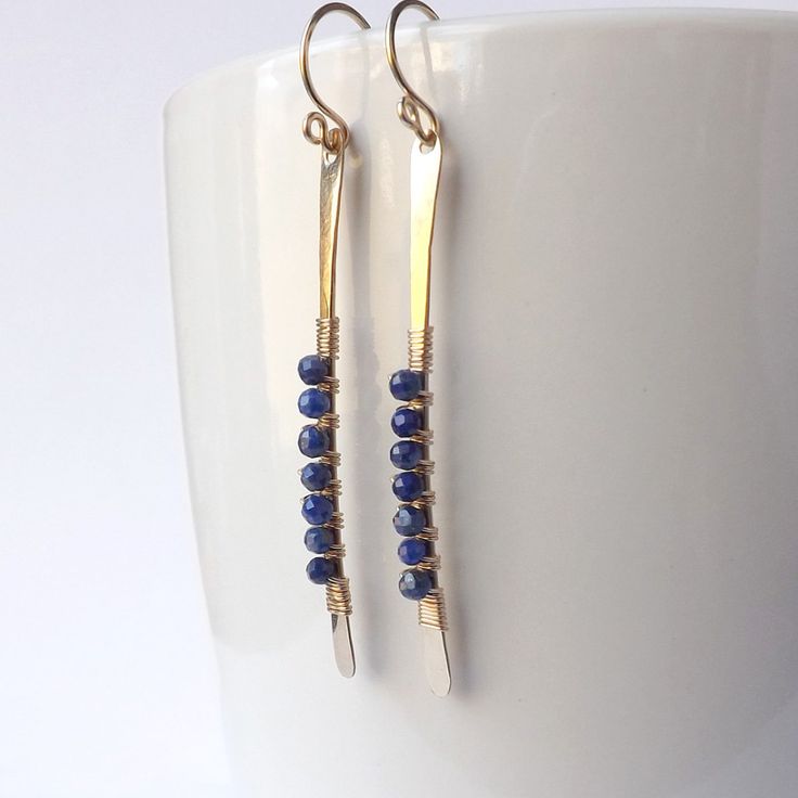 14k Solid Gold Earrings Long Gold Earrings Gold Threader | Etsy Handmade Lapis Lazuli Jewelry For Everyday, Everyday Hand Wrapped Blue Jewelry, Hand Wrapped Brass Dangle Earrings, Elegant Hand Wrapped 14k Gold Filled Earrings, Gold Hand Wrapped Dangle Earrings, Gold Hand Wrapped Drop Earrings, Hand Wrapped Gold Drop Earrings, Elegant Lapis Lazuli Wire Wrapped Earrings, Elegant Wire Wrapped Lapis Lazuli Earrings