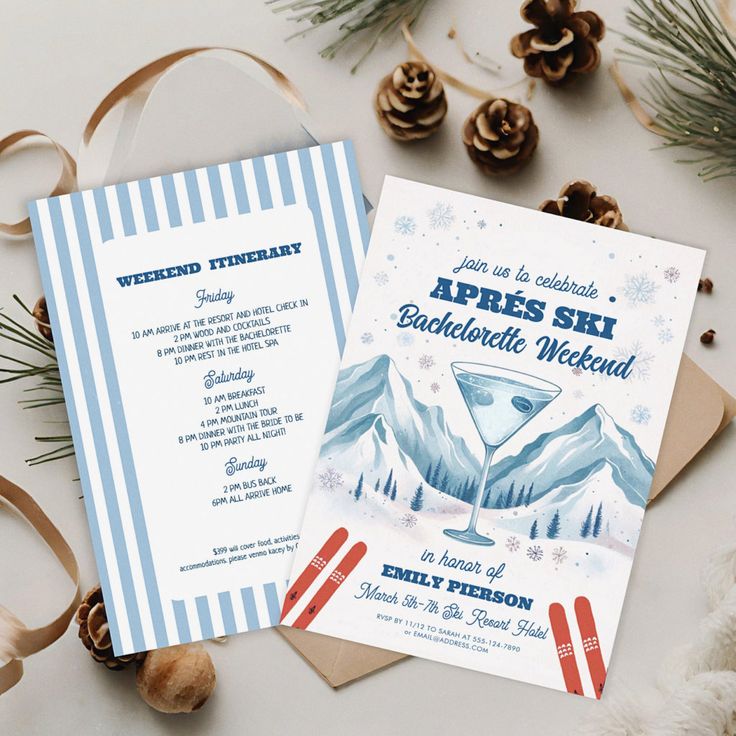 two wedding cards on top of each other next to pine cones and ribbon with the words, apples ski bachelor's menu