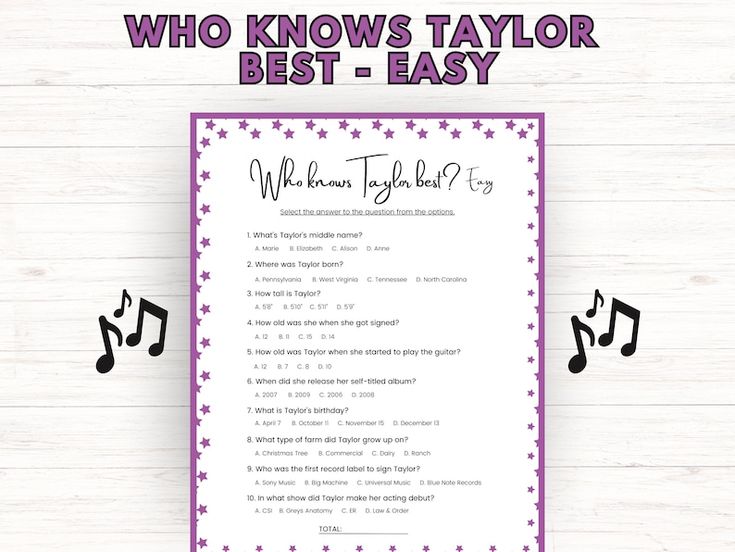 the who knows taylor best - easy song list is displayed on a white wooden background