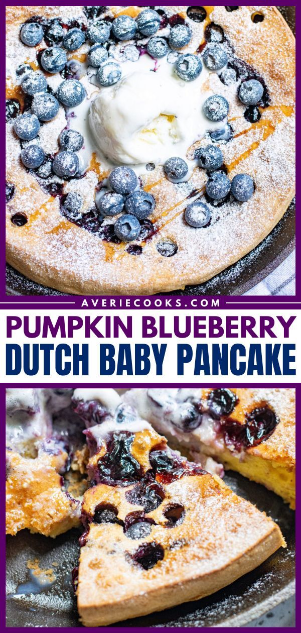 There's no flipping required in this oven-baked pancake! Its batter is super easy to make in a blender. Flavored with pumpkin and blueberry, this Dutch Baby Pancake is a winning breakfast idea. Gluten-free and dairy-free options for this pumpkin recipe included! Blueberry Dutch Baby, Pumpkin Blueberry, Dutch Baby Pancakes, Dutch Baby Pancake Recipe, Baby Pancakes, Dutch Baby Pancake, Pumpkin Recipes Easy, Pumpkin Recipe, How To Make Pancakes