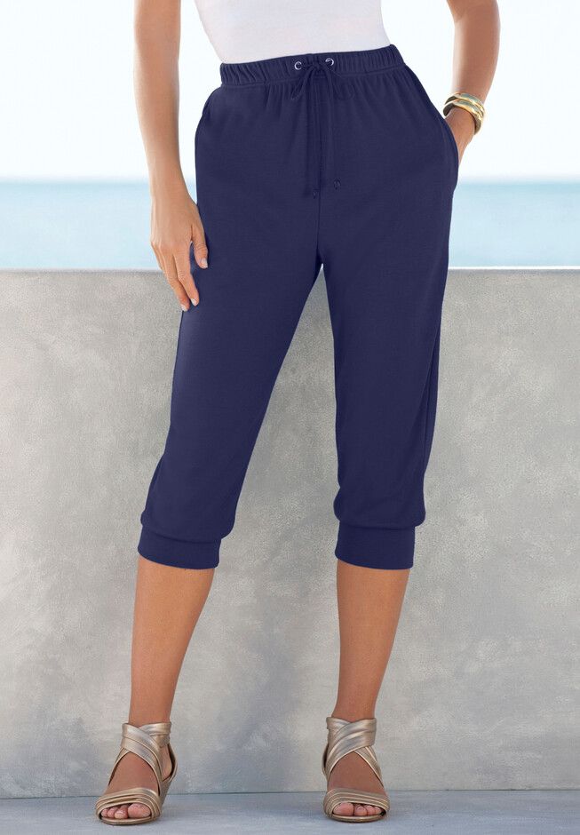 Elasticized waist and cuffs, functional drawstring and decorative grommets. Slant pockets.  Comfy, casual and everything easy, Soft Knits make Fast Shop, Platinum Credit Card, Effortless Outfit, Navy Tie, Gift Card Number, Woman Within, Swimsuits For All, Birthday Month, Drawstring Pants