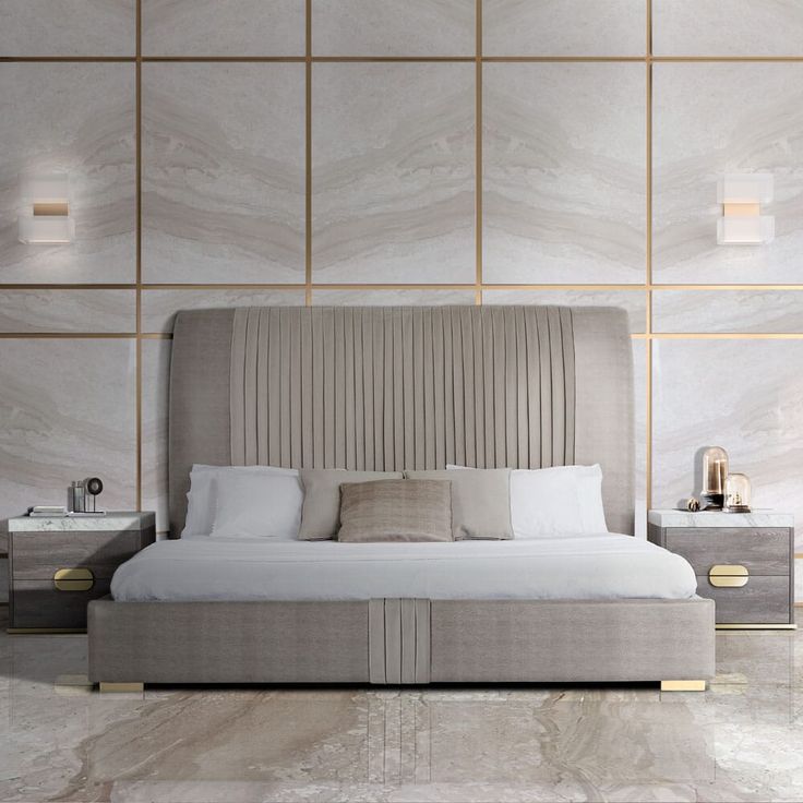 a modern bedroom with marble walls and flooring