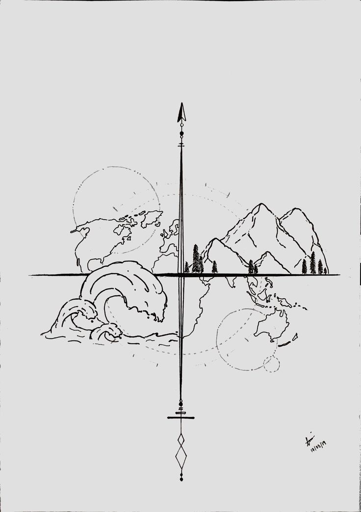 a black and white drawing of mountains with an arrow pointing to the sky in front of it