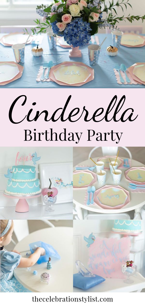 a birthday party with blue and pink decorations, plates and flowers on the cake table