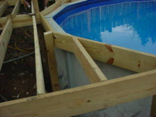 an above ground swimming pool being built with wooden framing around the bottom and side walls