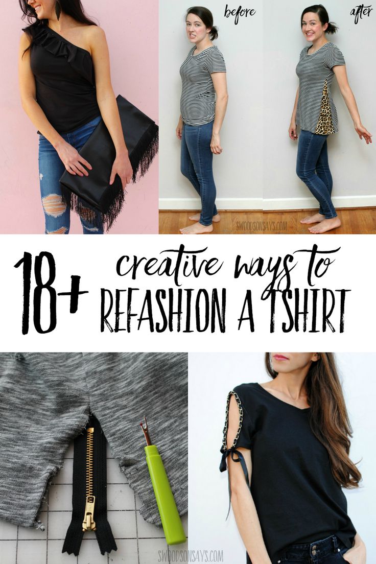 Check out a big list of creative ways to refashion a tshirt! Tutorials included, making these great beginner sewing ideas for making over an old shirt. Includes no sew tshirt refashions and sewing tips. #refashion How To Refashion A T Shirt, How To Alter Tee Shirts, Refashioned Tshirt Diy Upcycle, Refashion Tee Shirts Ideas, Alter T Shirts Ideas, T Shirt Transformation Diy, Upcycled Tee Shirts Ideas, T Shirt Redesign Ideas, Upcycle Tee Shirts Diy