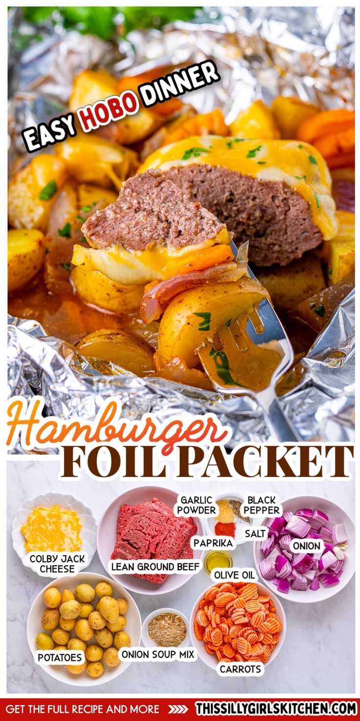 hamburger foil packet Dinner Foil Packets, Hobo Dinner Recipes, Hamburger Dinner, Hobo Dinner, Camp Recipes, Foil Packet Dinners, Foil Pack Meals, Meat And Potatoes, Foil Dinners