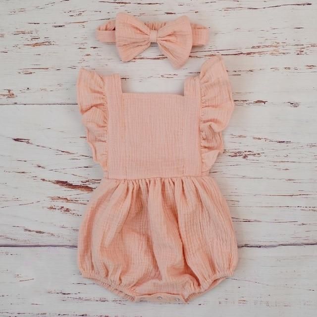 Organic Cotton Baby Girl Clothes Kids Ruffle Romper Jumpsuit Pink baby grows For Newborn Vendor - PrettyKid Pink Playsuit, Cotton Romper, Organic Cotton Baby, Ruffle Romper, Matching Headband, Baby Outfits, Girls Rompers, Sleeved Romper