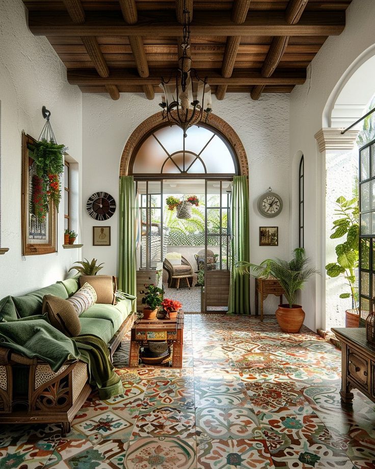 a living room filled with lots of furniture and decor on top of a tiled floor