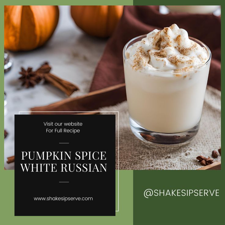 pumpkin spice white russian drink with cinnamon sprinkles on the side and an orange pumpkin in the background