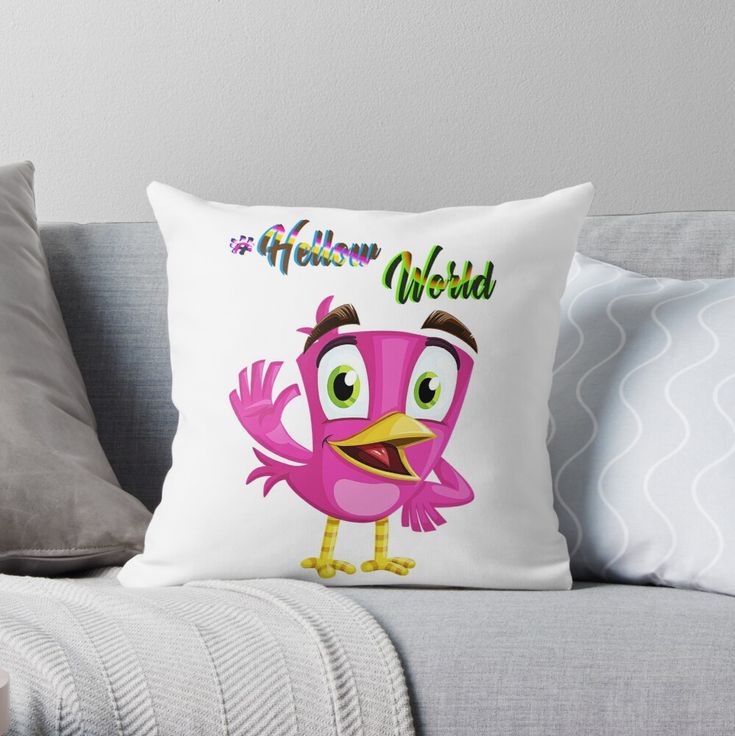 a pink bird with the words hello world on it's chest and eyes, sitting on