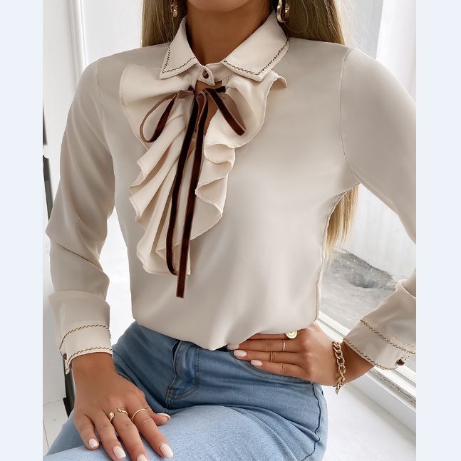 Material: Chiffon  Gender: Women  Item Type:Tops  Sleeve Length:Long Sleeve  Color: Photo Color  Size: S, M, L, XL, XXL Long Sleeve Chiffon Shirt, Apricot Clothing, Ruffle Long Sleeve Blouse, Fashion Tops Blouse, Tie Neck Blouse, Chiffon Long Sleeve, Hottest Fashion Trends, Chiffon Shirt, Trend Fashion