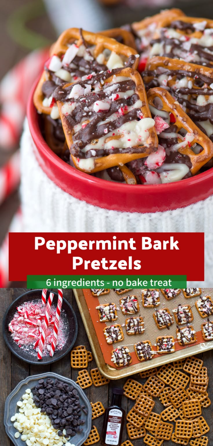 peppermint bark pretzels in a red bowl on a table with other treats